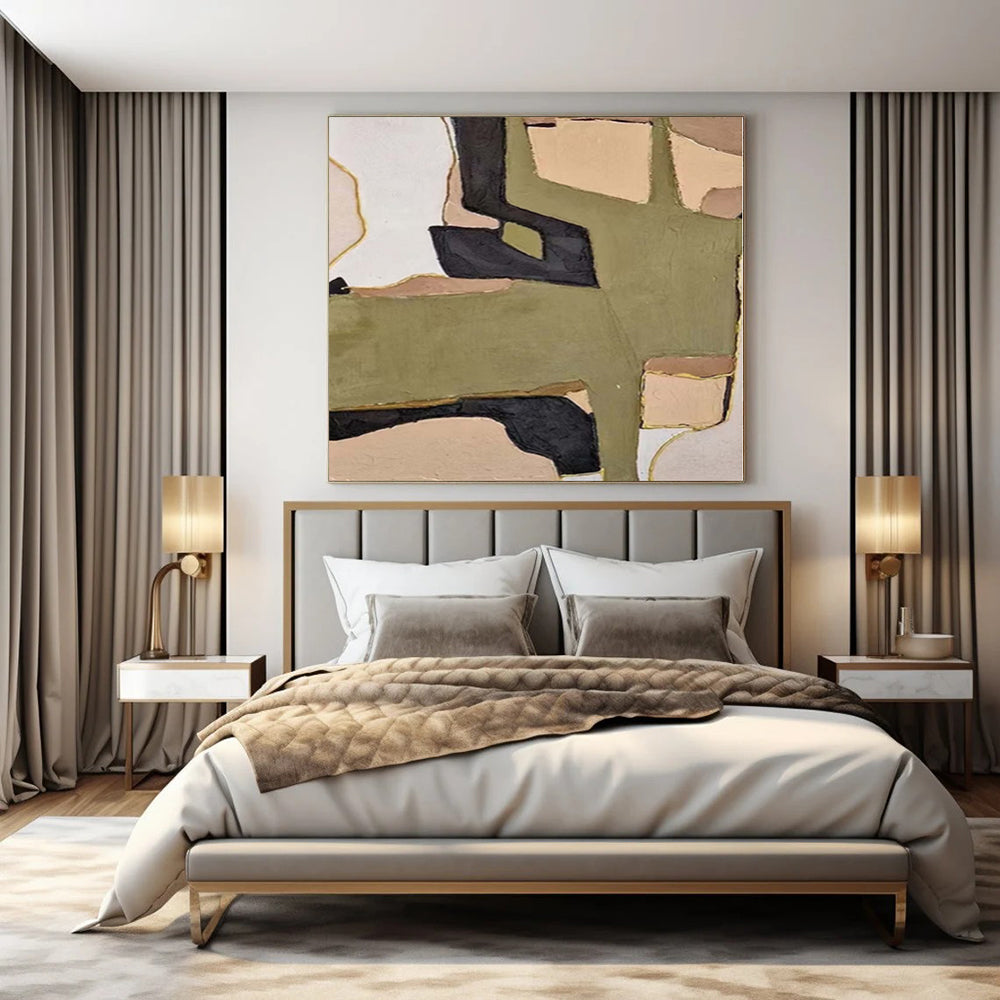 “Green - Beige - Black Geometric” - Earthy Abstract Painting On Canvas PS0140