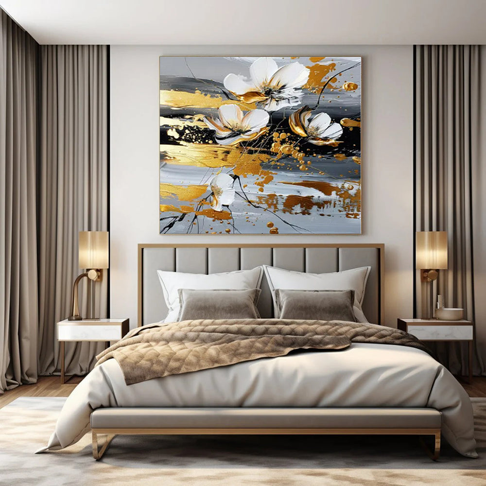 White, Gold, Gray with Floating Flowers "Airy Blooms" Floral Painting On Canvas PS1255
