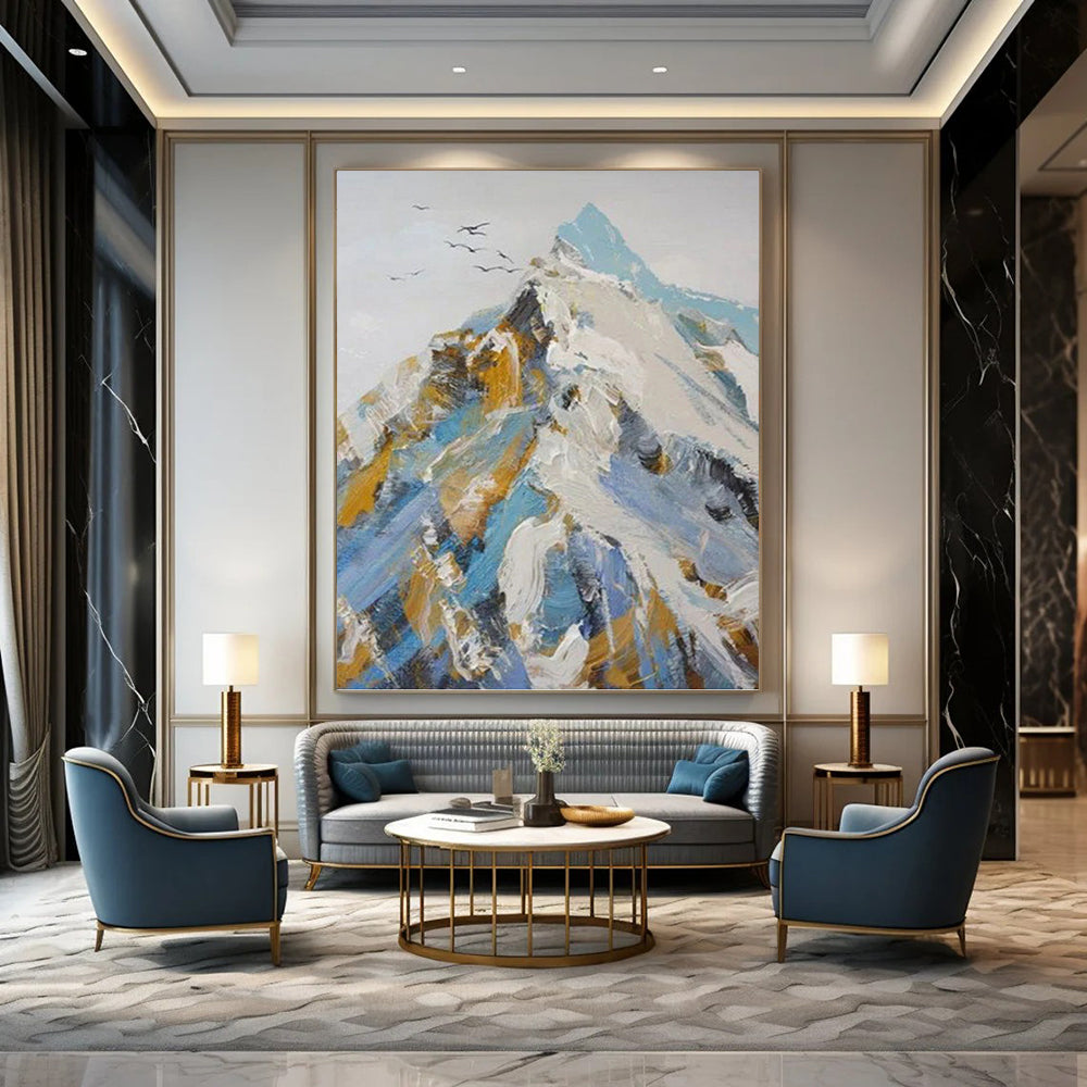 “Snowy Mountain: Blue, White, and Gold Abstract” - Bold Landscape Art On Canvas PT0955