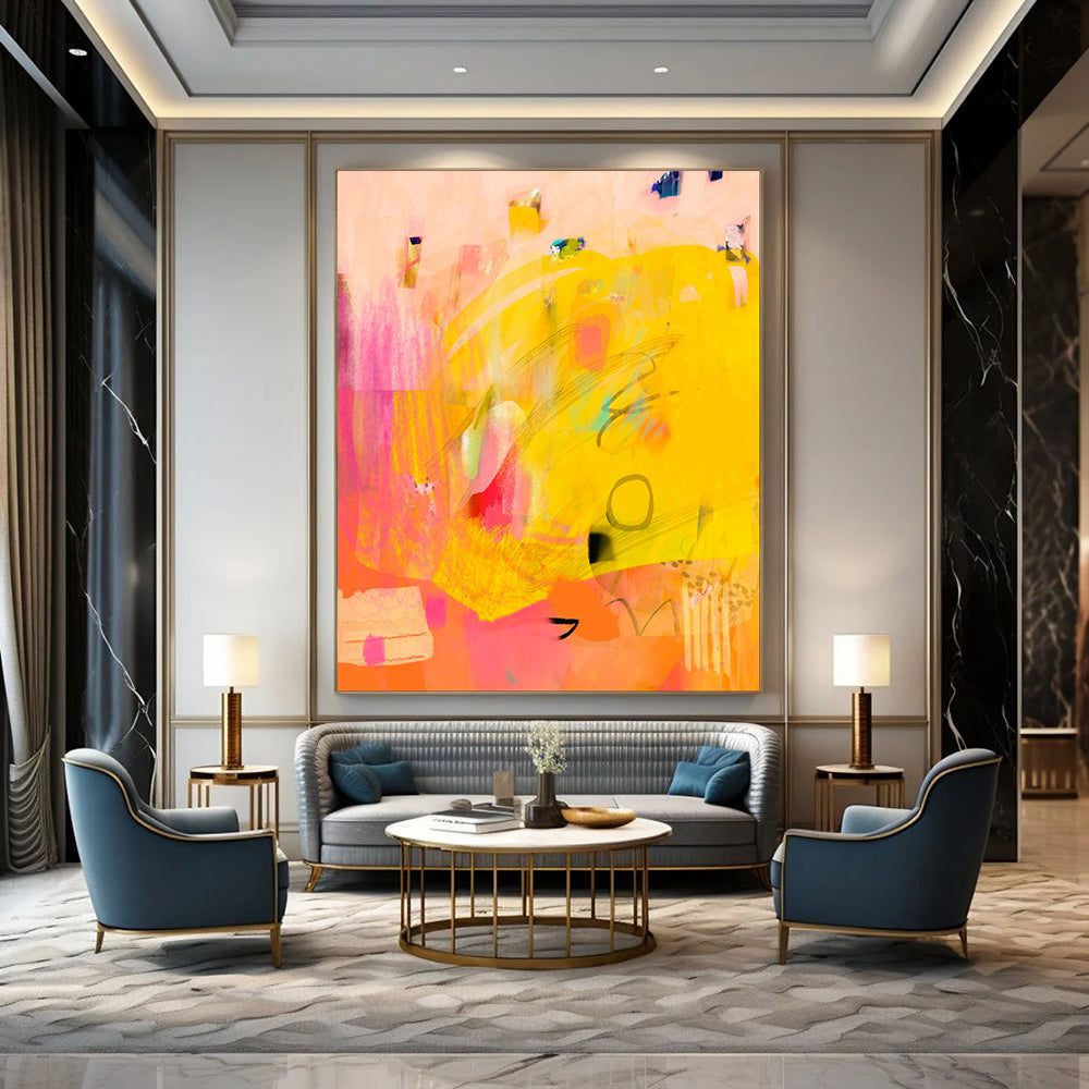 “Sunny Yellow - Pink Abstract Fusion” - Abstract Painting On Canvas PT2005