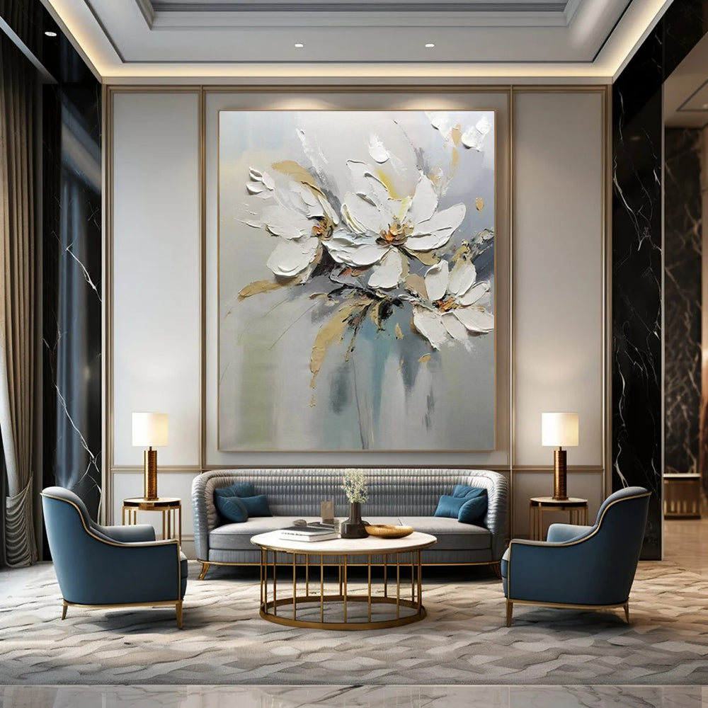 “White Flowers with Impasto Technique” - Textured Oil Painting On Canvas PT2201