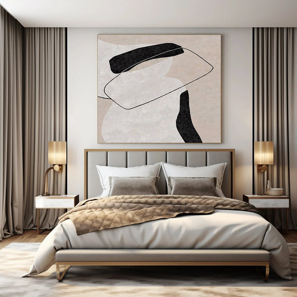 Beige, Black and White with Interconnected Forms "Linked Harmony" Abstract Painting On Canvas PS1122