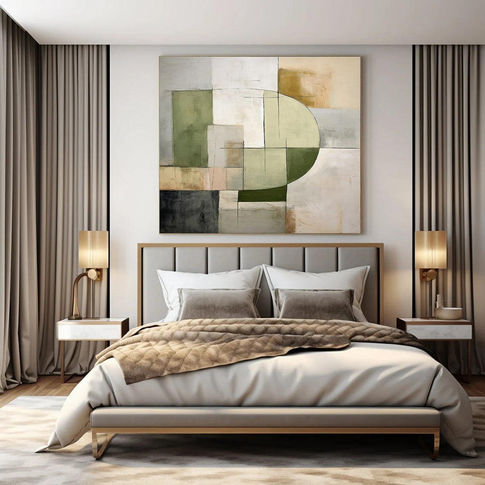 Green, Gray, Beige, Black with Geometric Mix "Balanced Abstraction" Abstract Painting On Canvas PS1451