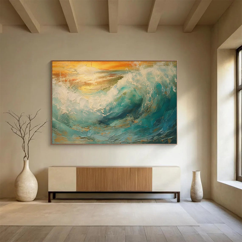 “Textured Ocean Wave at Sunset” Impasto Seascape Painting On Canvas PT1801