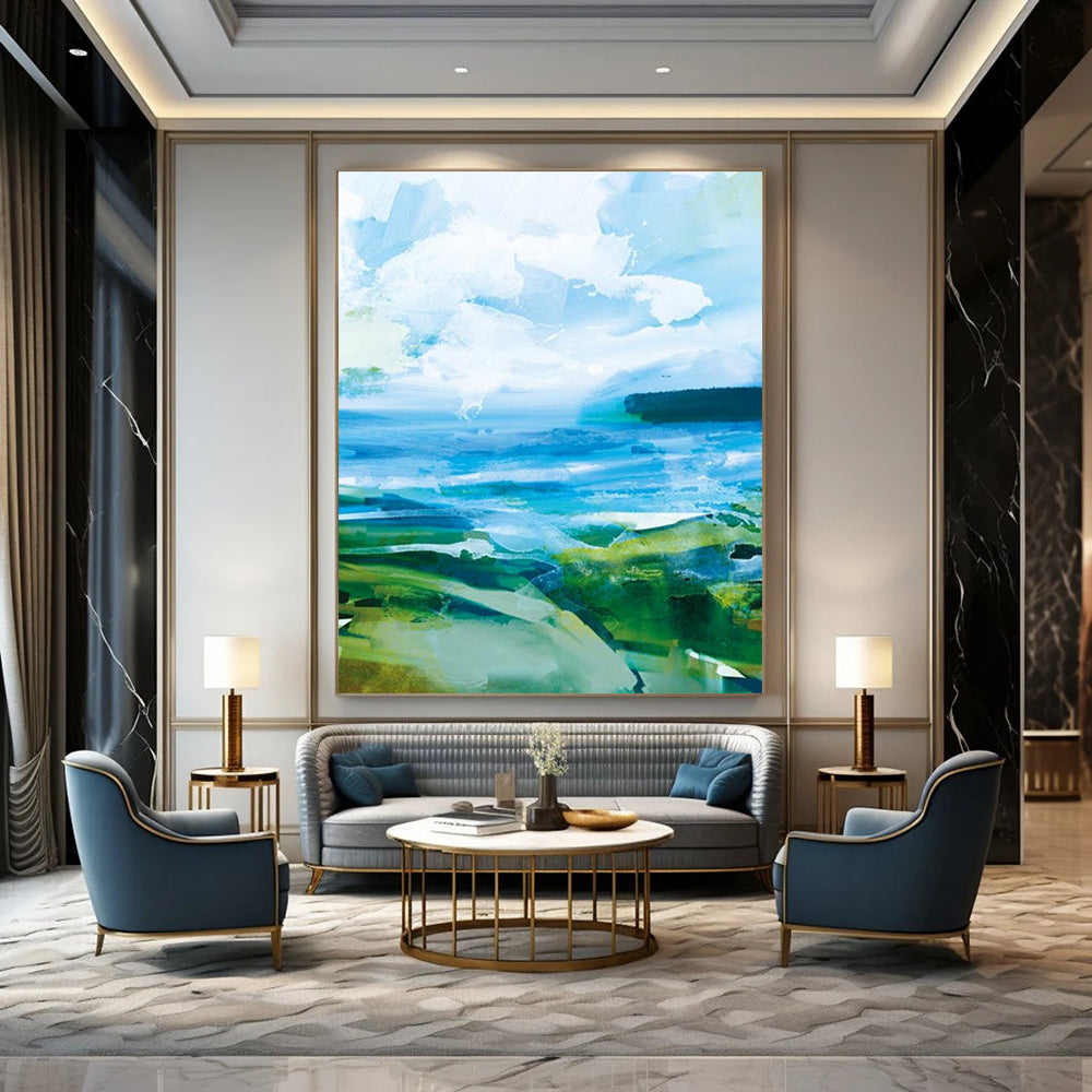“Vibrant Coastal Abstraction” - Bold Blues & Greens Seascapes Painting On Canvas DS183