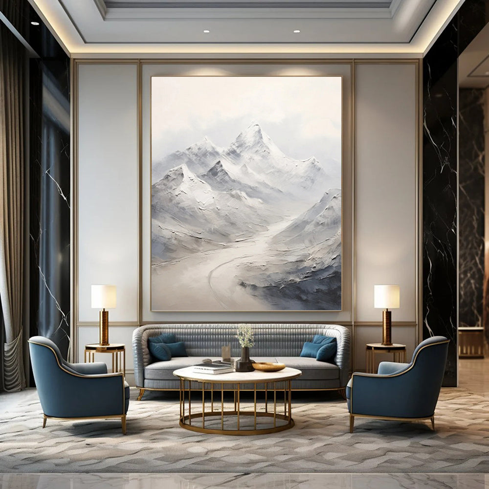 “Grey - White Snowy Mountain Range” - Impasto Landscape Painting On Canvas PT1264