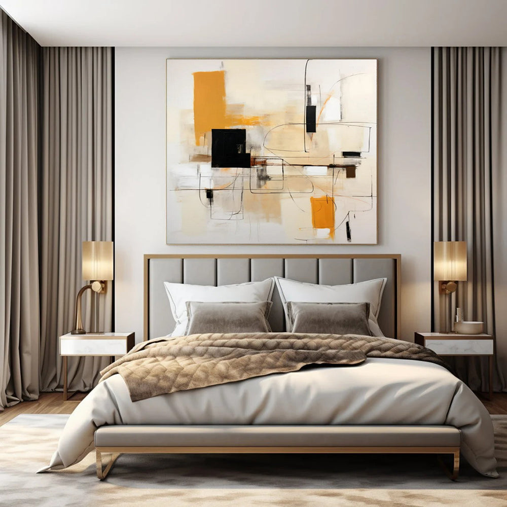 Beige, Orange, Black, White with Geometric Lines "Structured Energy" Abstract Painting On Canvas PS1461