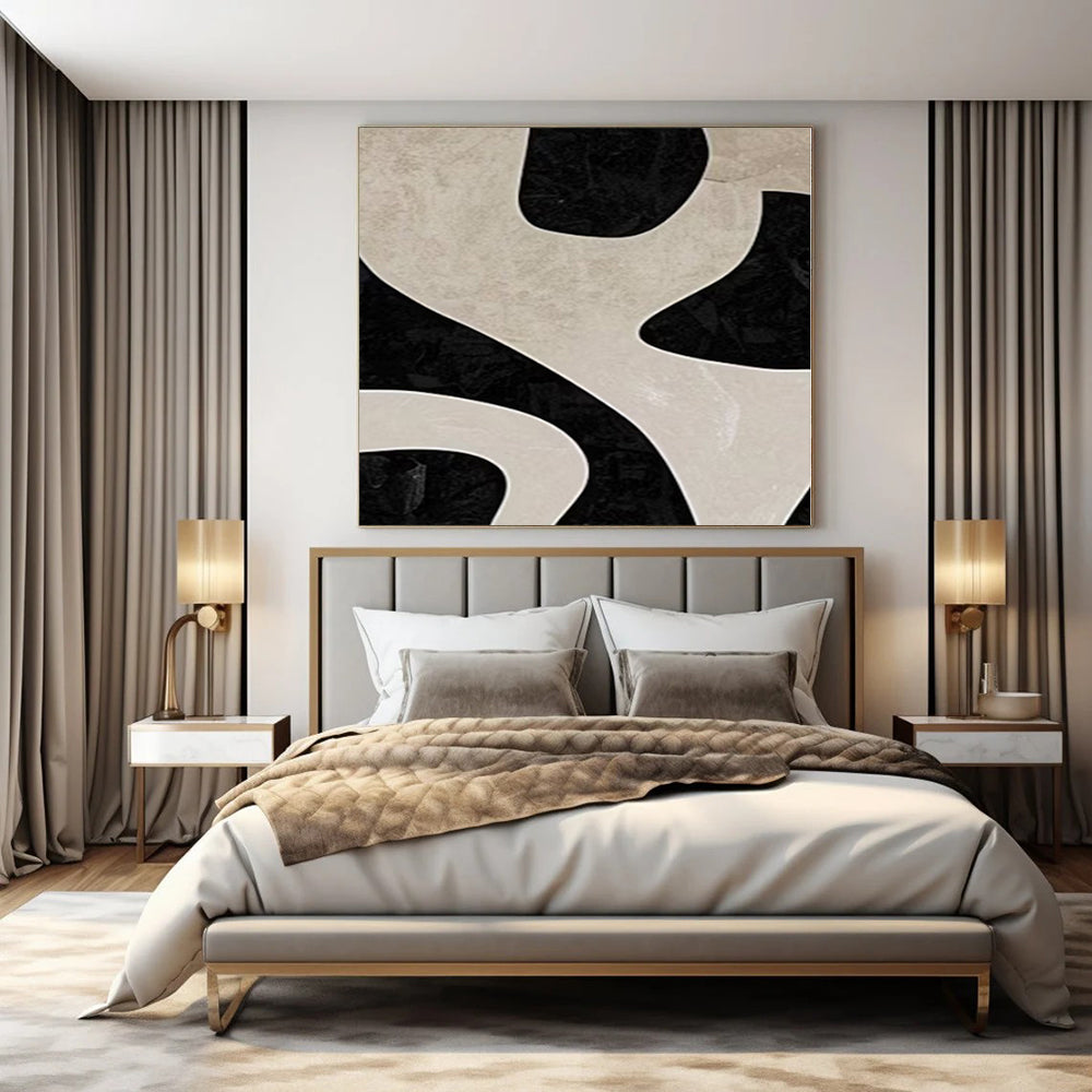 Beige and Black Flowing Shapes "Shadow Dance" Abstract Painting On Canvas PS1100