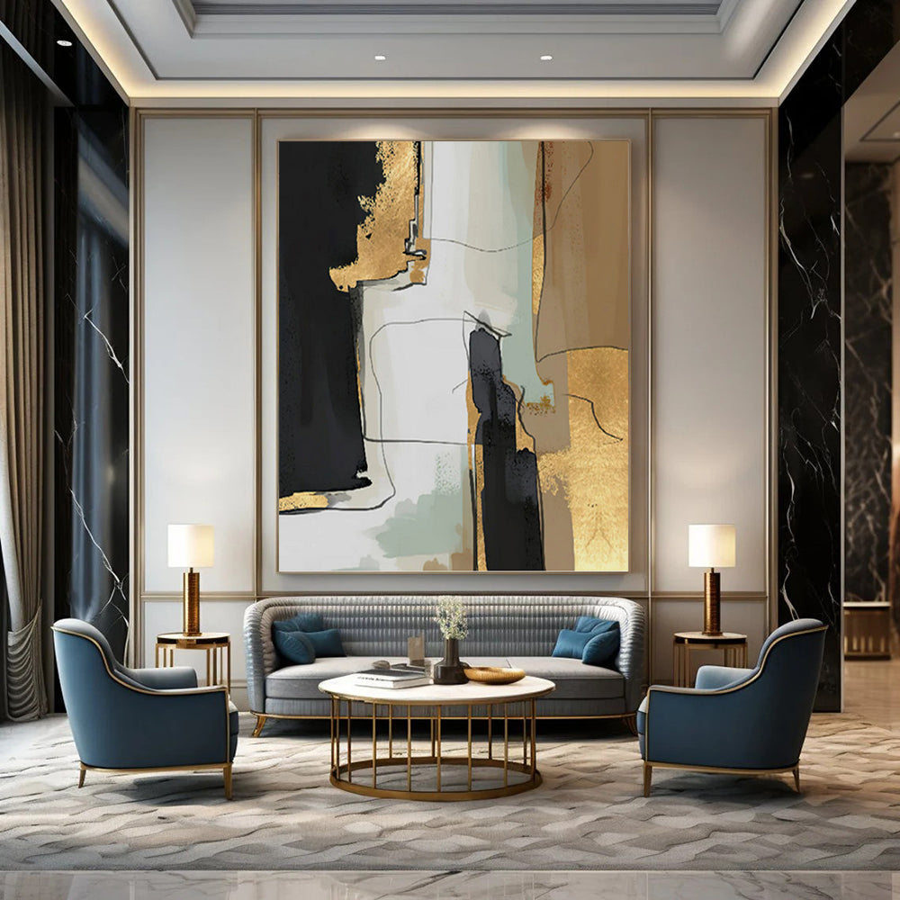 “Black, Gold, and Neutral Abstract” - Abstract, Elegant - Toned Painting On Canvas PT1524