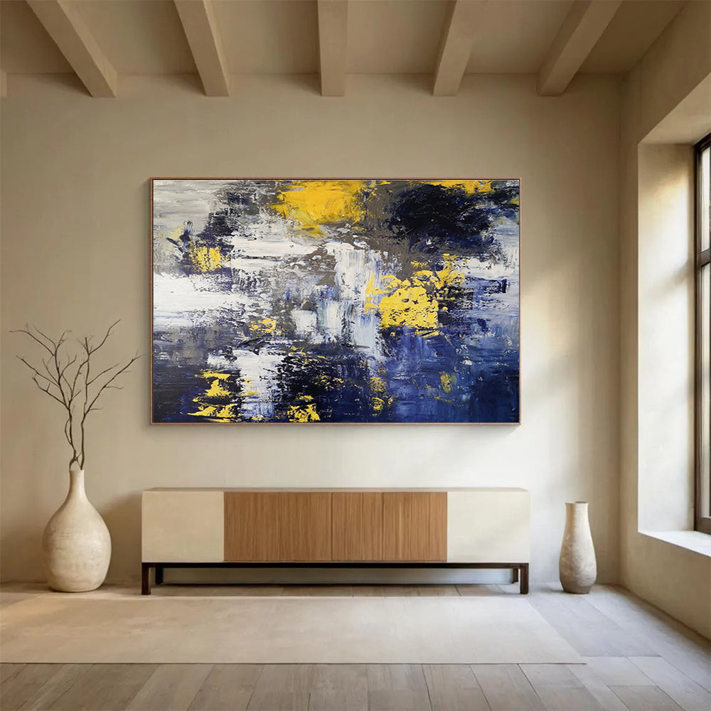 Yellow Splash: Blue, Yellow & Gray Abstract Expressionist Painting for Modern Living Room & Artistic Café DKS649