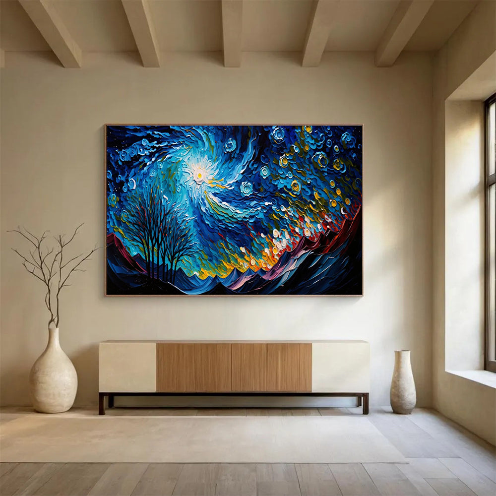 “Starry Night Mountains” - Impasto Oil Painting On Canvas DKS885