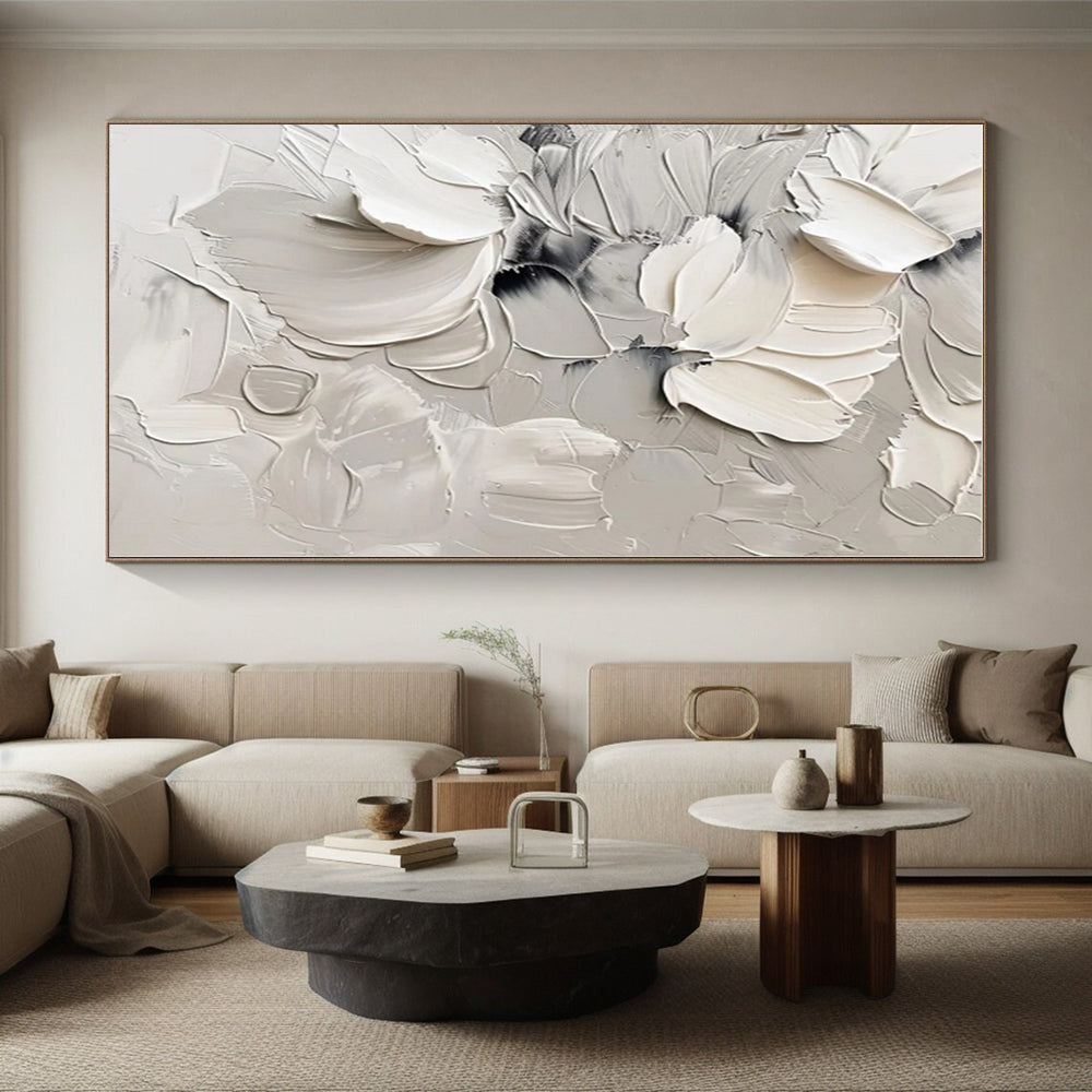 “White - Gray Textured Florals” - White, Gray Abstract Painting On Canvas PS0525