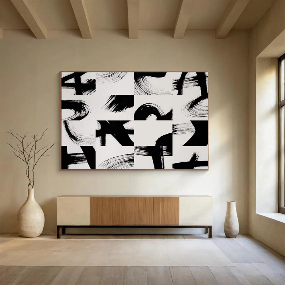 “Geometric Black - White Brushstrokes” - Modern Abstract Painting On Canvas DKS447