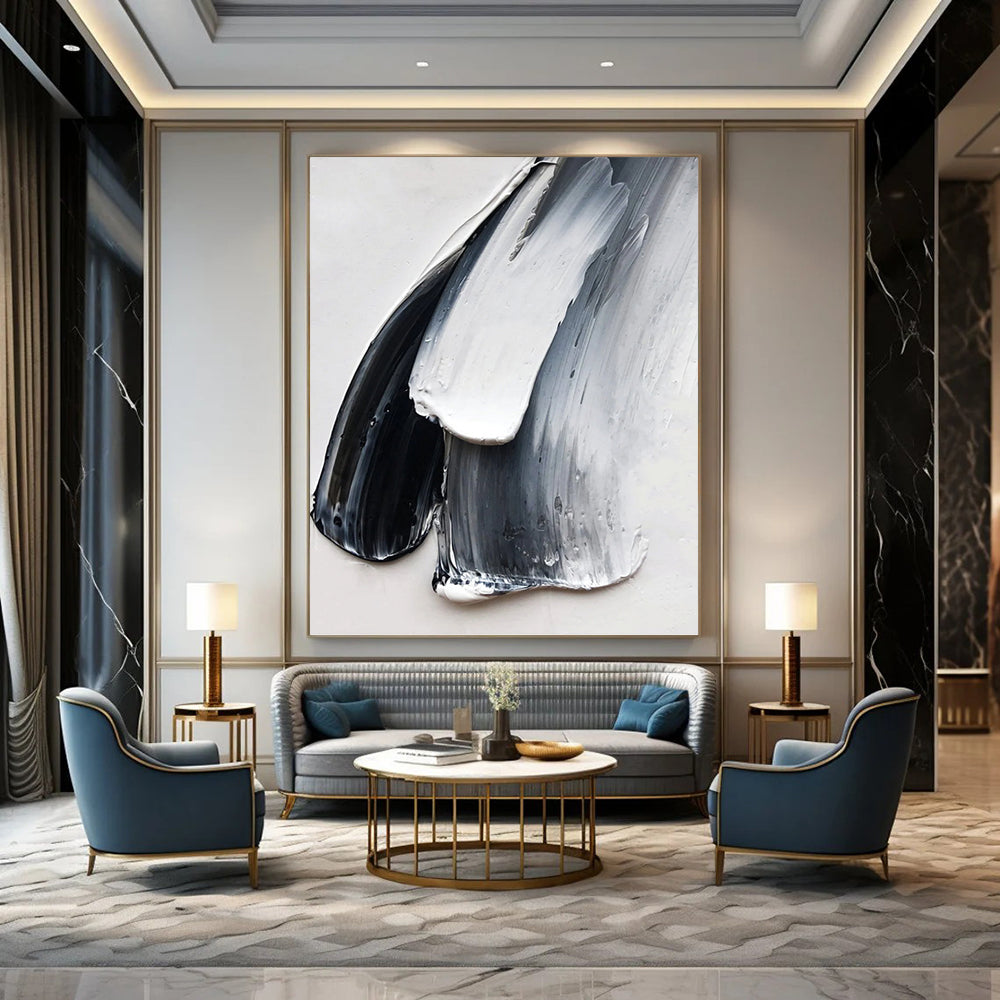 “Black, White & Gray Textured Strokes” - Abstract, Tactile - Styled Painting On Canvas PT1676