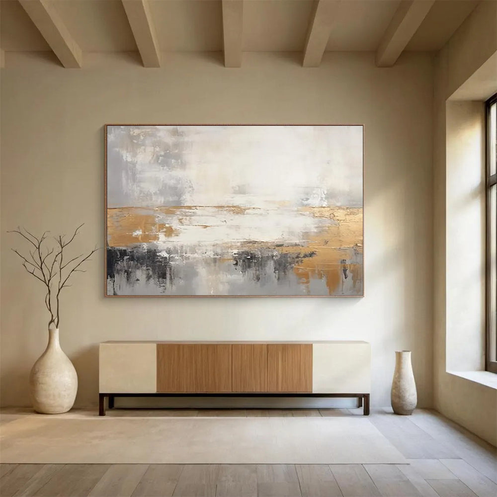 “Gray, Gold, and White Abstract Horizon” - Minimalist Abstract Painting On Canvas PT108