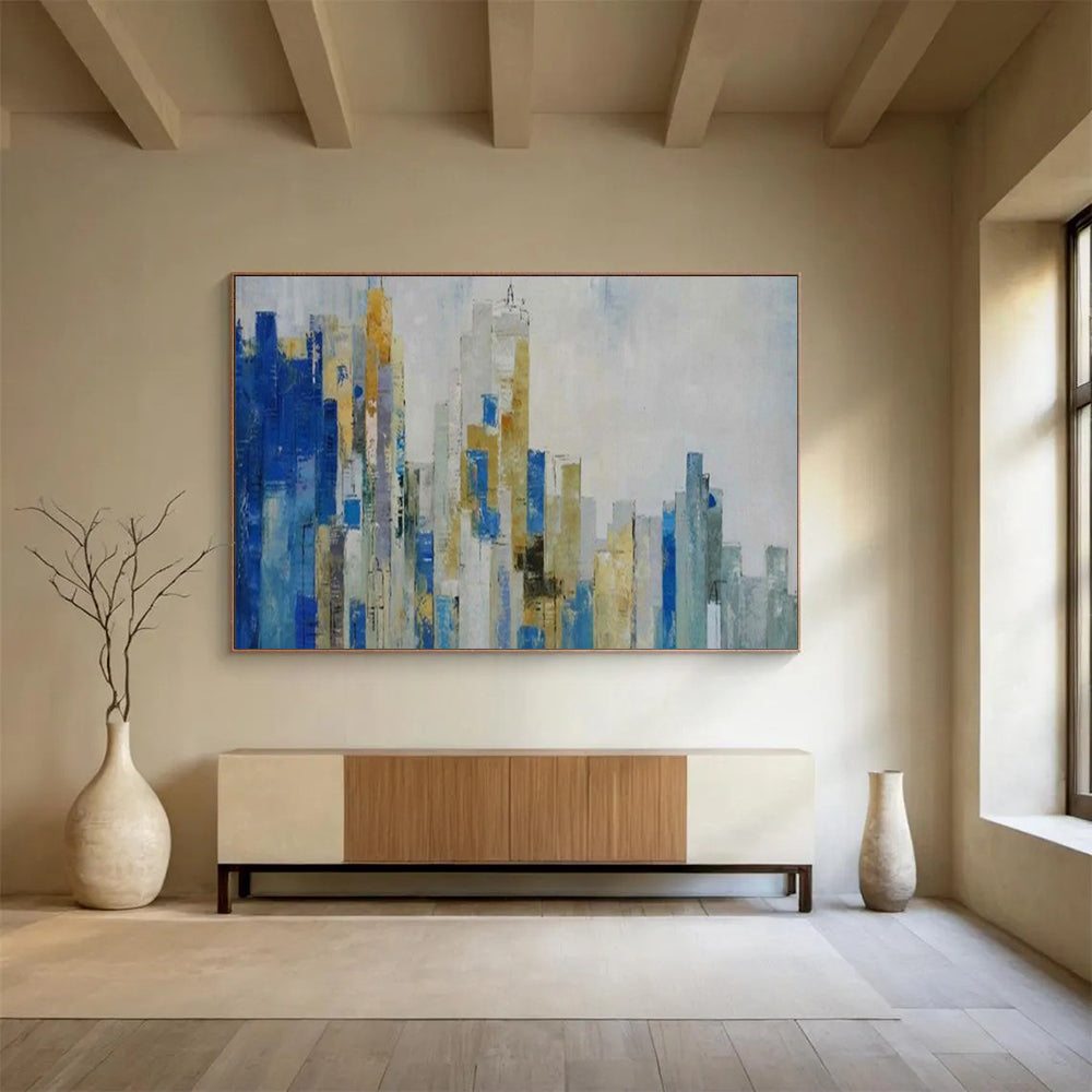 “Blue - Gold Abstract Cityscape” - Metallic Accents “Urban Skyline” Painting On Canvas PT1659
