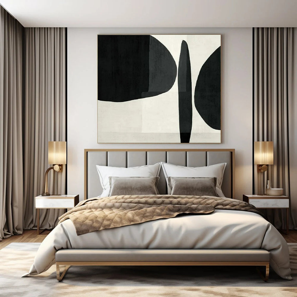 Black, White with Bold Forms "Graphic Whisper" Abstract Painting On Canvas PS1426