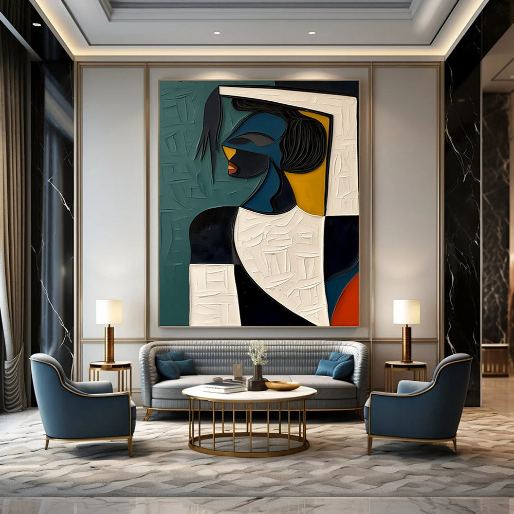 “Cubist Woman in Color Blocks” - Cubist, Female Portrait Painting On Canvas PT1467