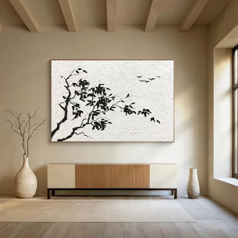 “Ink - Wash Tree and Birds” - Minimalist Chinese - style Painting On Canvas DKS451