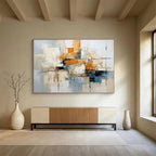 “Abstract Cityscape in Gray, Orange & Blue” - Modern Urban Impasto Painting On Canvas PT006