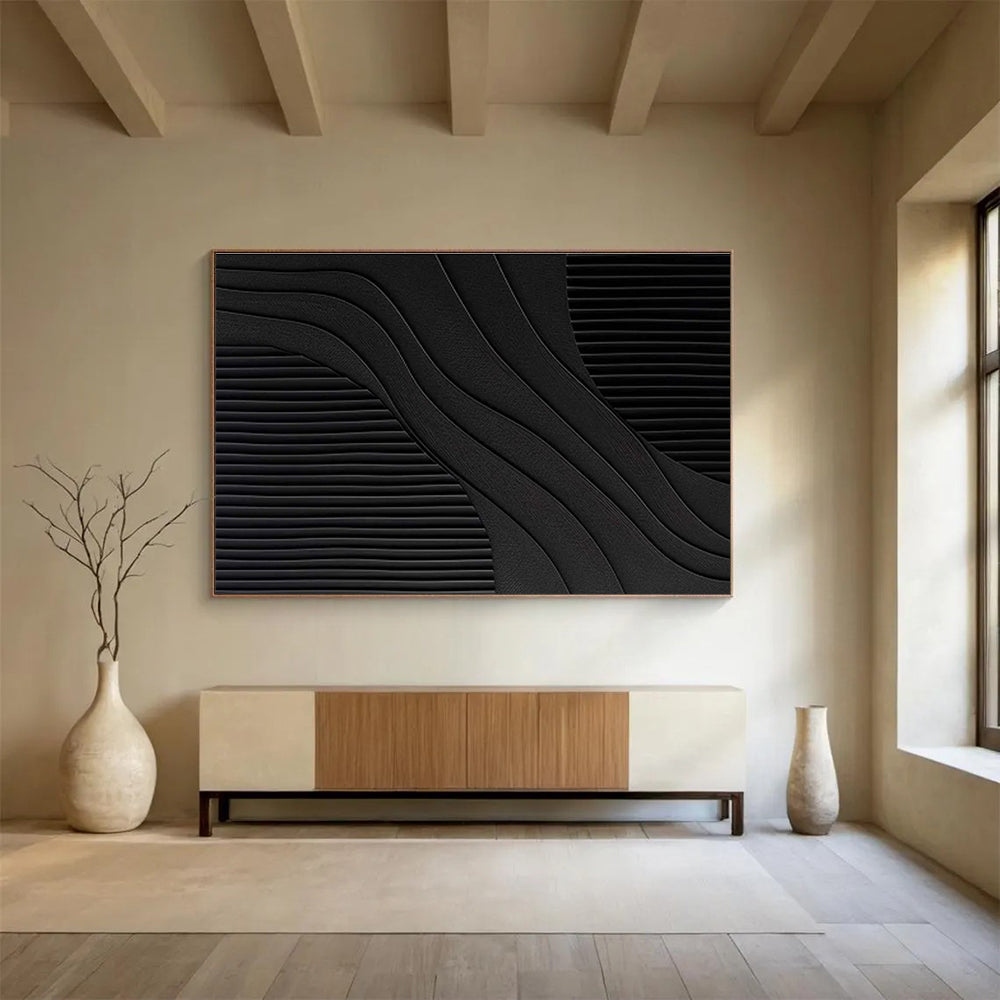 Black Curved and Straight Lines Minimalist Abstract Painting On Canvas DKS098