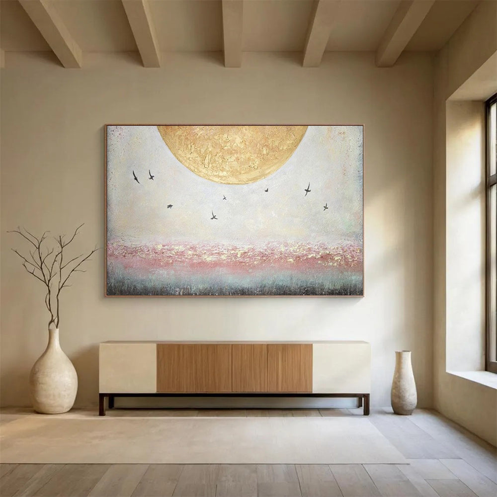 “Golden Moon with Flying Birds” - Impasto Sky - scape - Painting On Canvas PT1773