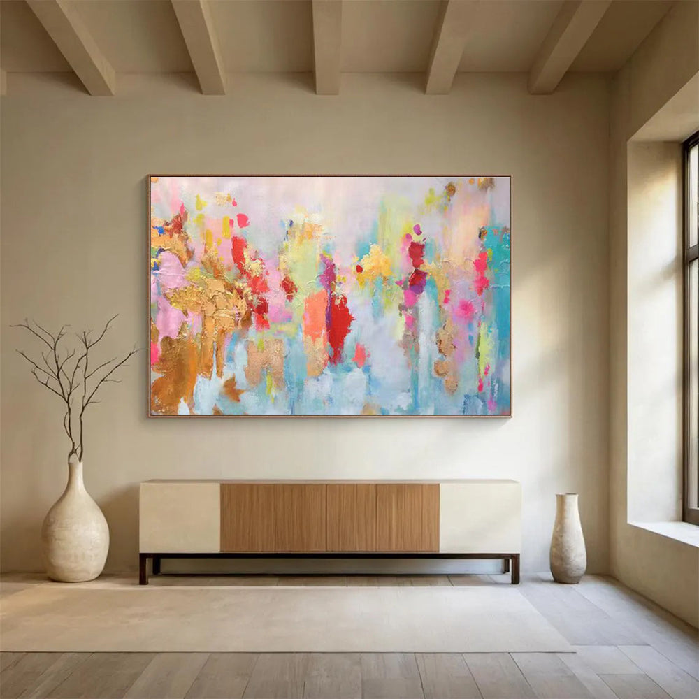 Pastel Dreamscape: Soft Pink, Blue & Gold Abstract Expressionist Painting for Bohemian Bedroom & Yoga Studio DKS643
