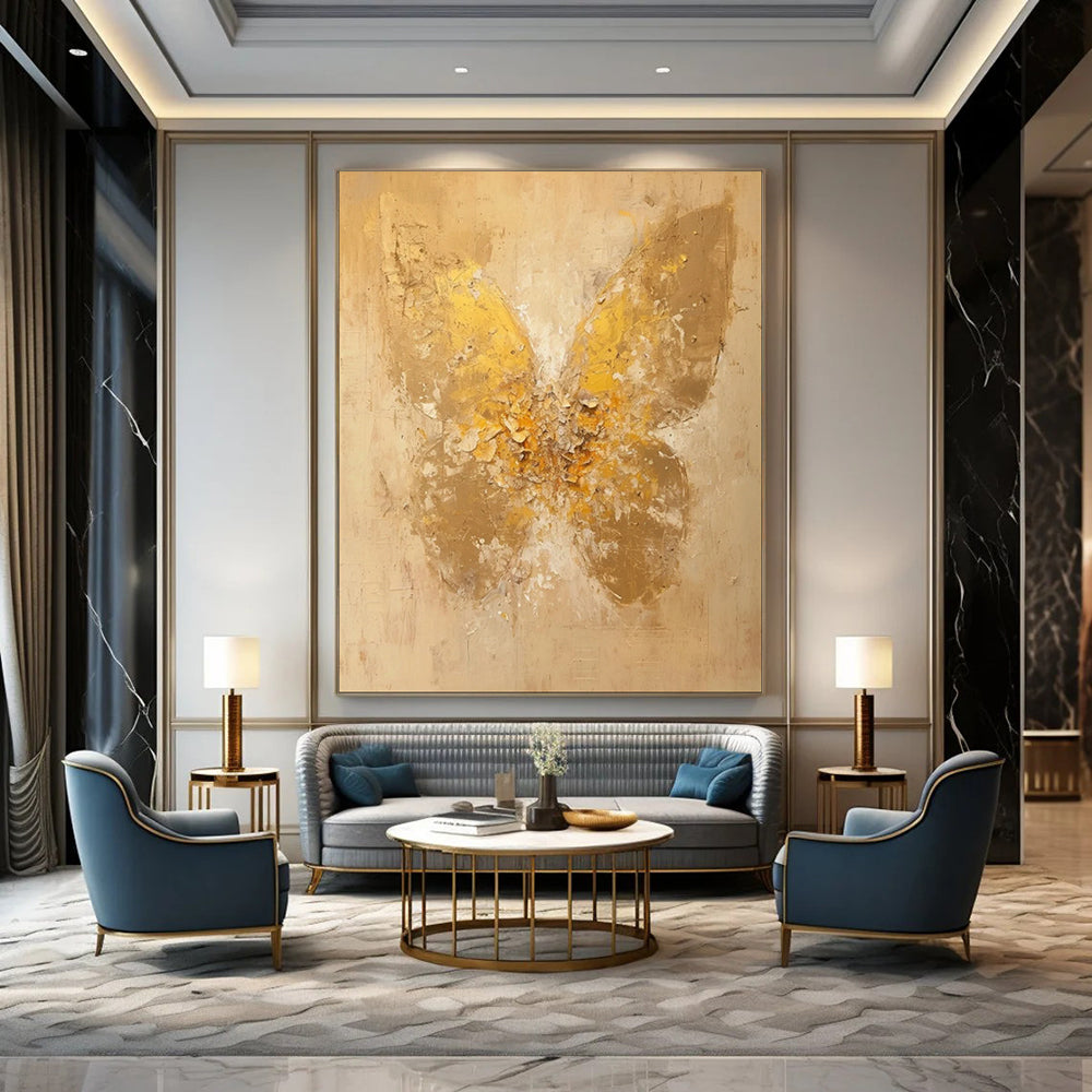 “Textured Gold Butterfly on Beige” - Abstract Insect Painting On Canvas PT1899