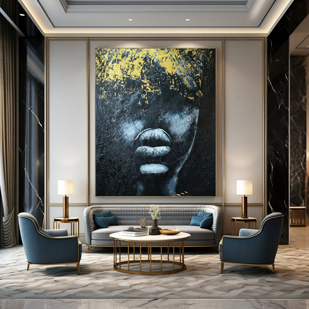 Gilded Mystery Black, White & Gold Abstract Face, Painting On Canvas PT2153