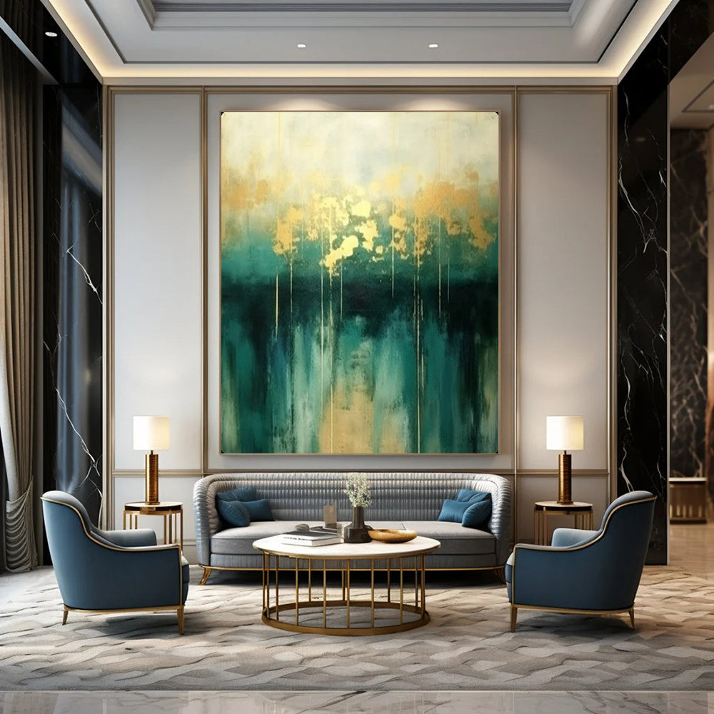 “Gold & Teal Abstract Drip” - Elegant Acrylic Painting On Canvas PT2168