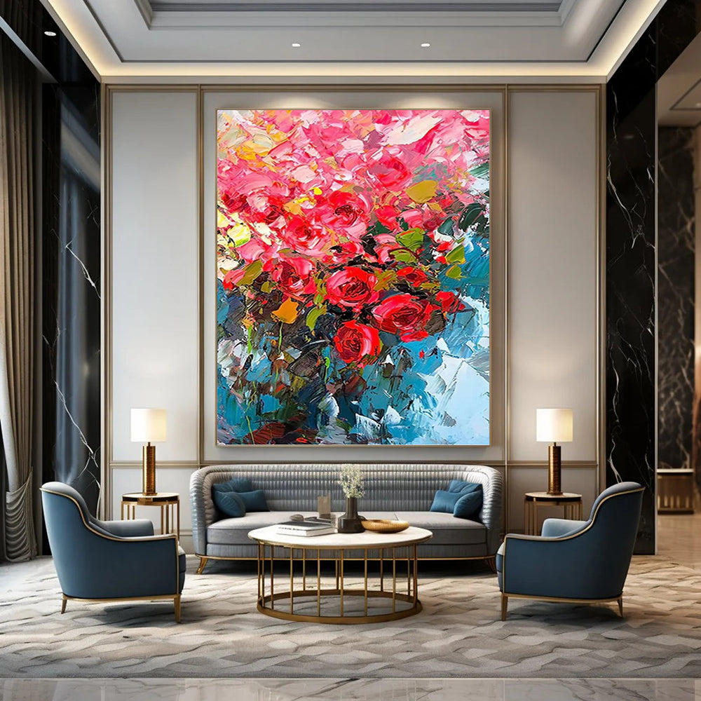 “Vibrant Pink Flowers in Blue Vase” - Impressionist - Inspired Floral Painting On Canvas PT1432