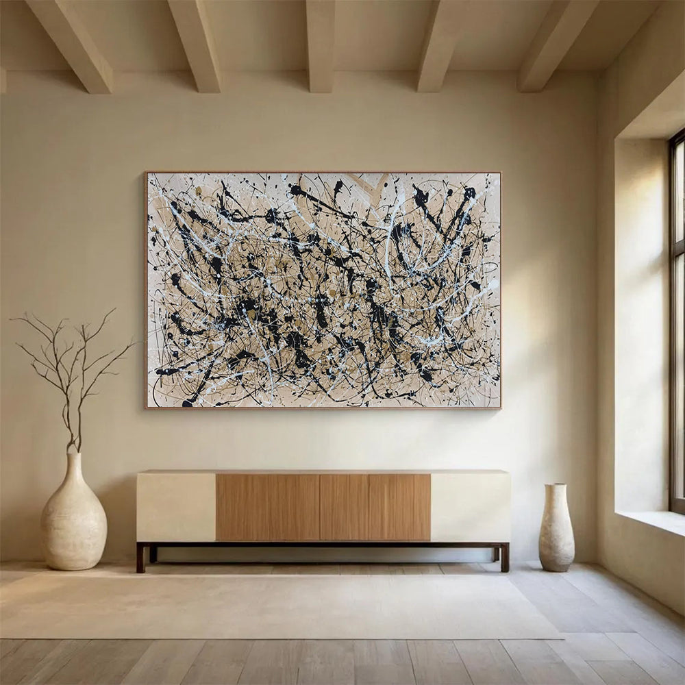 “Beige - Black - White Drip Art” - Pollock - Inspired Abstract Painting On Canvas PT1588