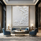 “White Textured Abstract with Petal - like Forms” - Tactile Abstract Painting On Canvas DS373