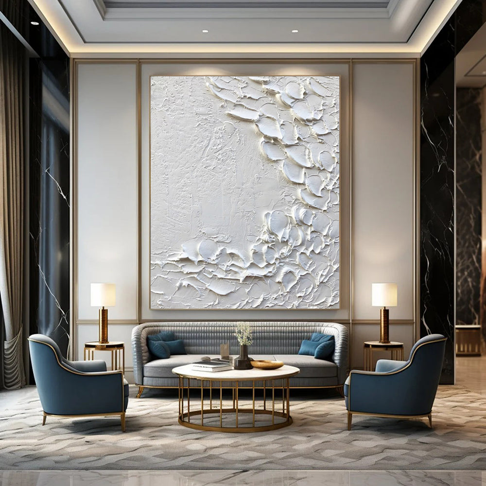 “White Textured Abstract with Petal - like Forms” - Tactile Abstract Painting On Canvas DS373