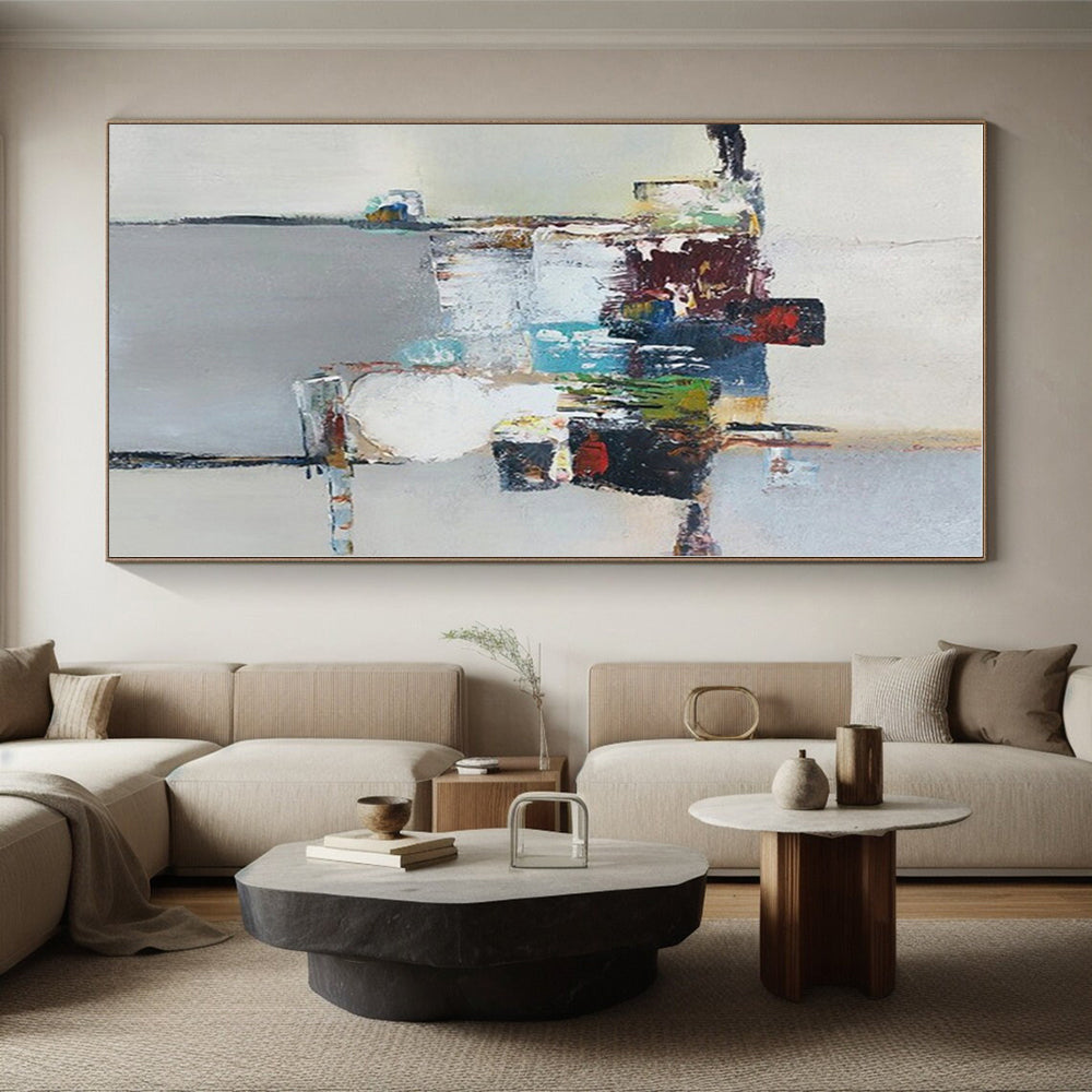 “Colorful Abstract Still Life” - Multicolor, Gray Abstract Still Life Painting On Canvas PS0588