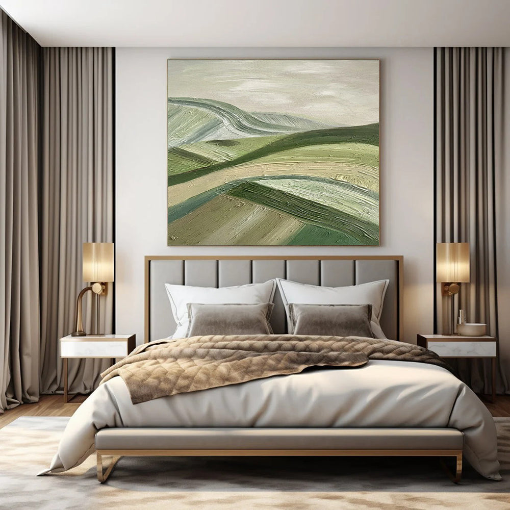 Green, Beige with Textured Hills "Rolling Serenity" Abstract Painting On Canvas PS1455