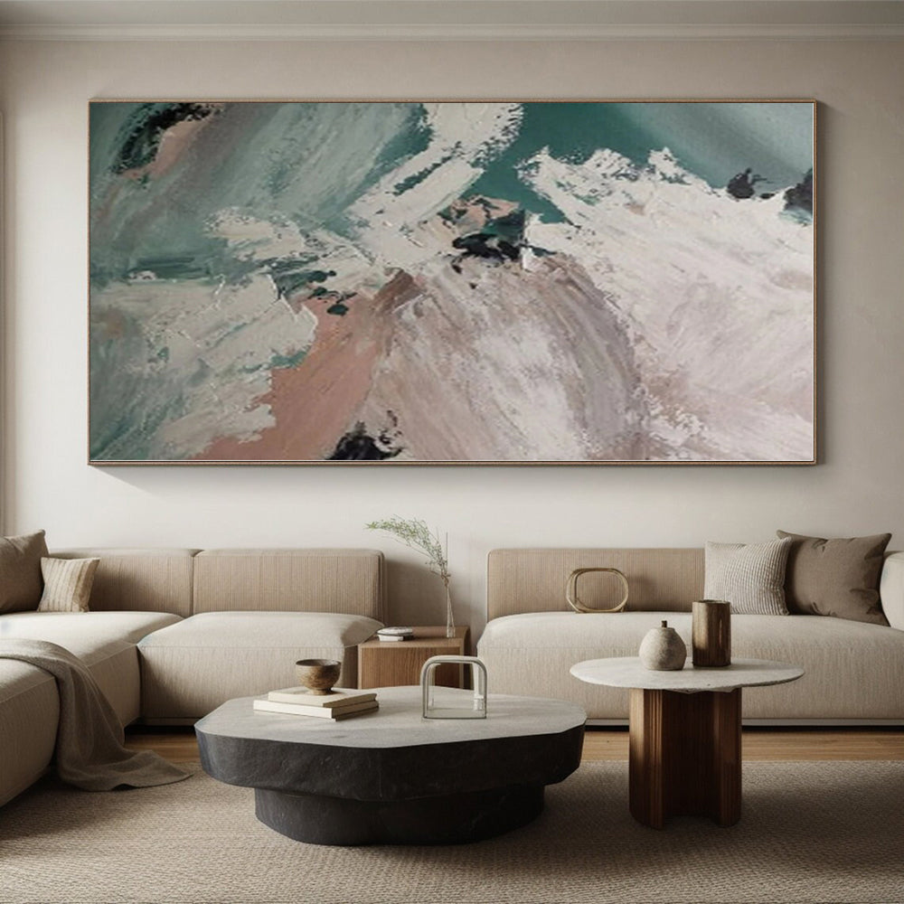 “Turquoise - White Abstract Waves” - Turquoise, White Abstract Seaside Painting On Canvas PS0554