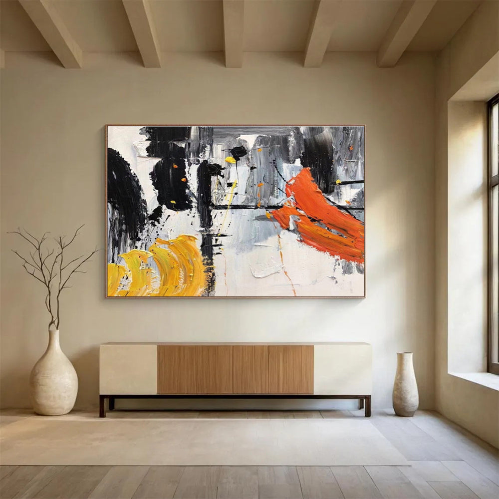 “Bold Black, Yellow, and Orange” Abstract Painting On Canvas DKS187