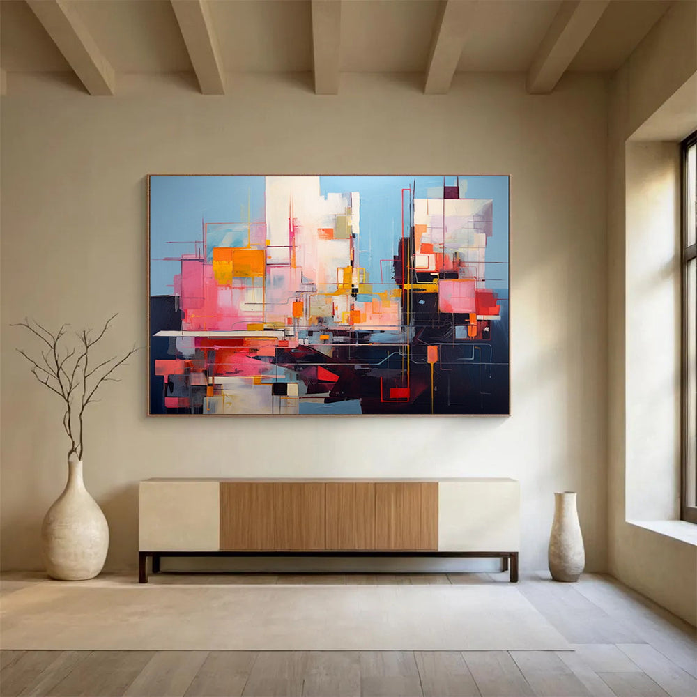 “Vibrant Geometric Abstract Cityscape in Pink, Blue & Colorful Lines” - Modern Cubist - Inspired Painting On Canvas PT020