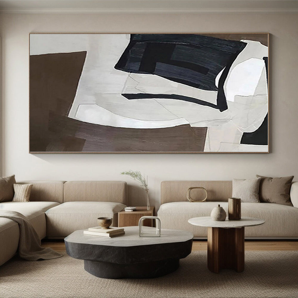 “Monochrome Geometric Forms” - Black, White, Brown Abstract Geometric Painting On Canvas PS0557