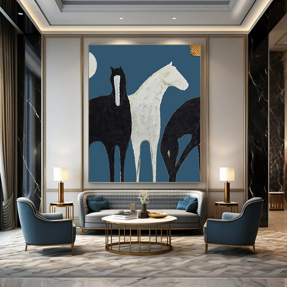 “Stylized Black & White Horses” - Minimalist - Inspired Animal Painting On Canvas PT1440