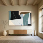 “Geometric Shapes in Black, Beige, Teal” Cubist Abstract Painting On Canvas PT1805