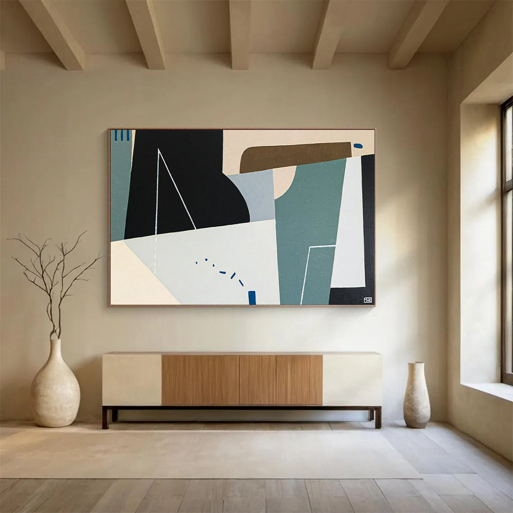 “Geometric Shapes in Black, Beige, Teal” Cubist Abstract Painting On Canvas PT1805