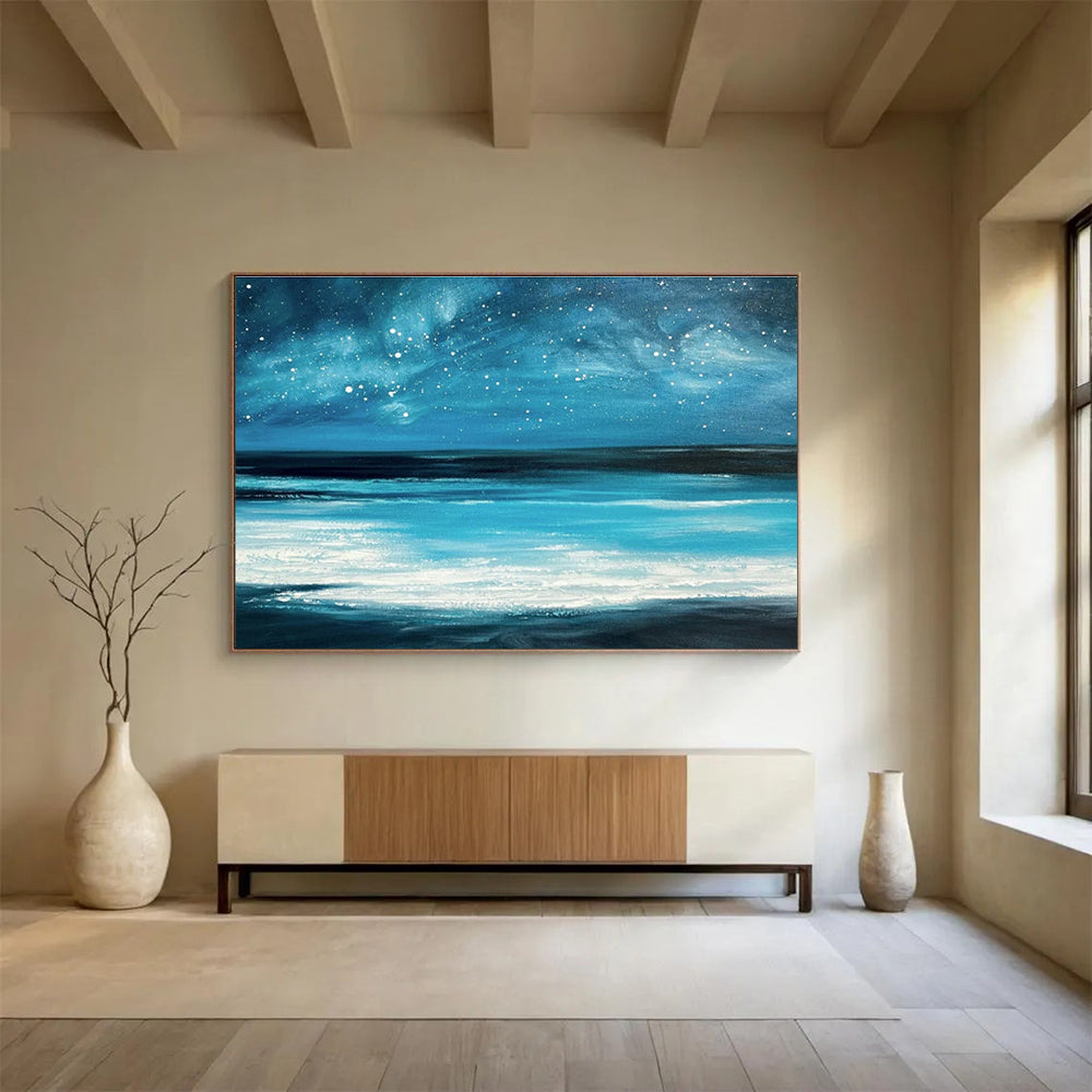 Blue Night Sky with Stars Over Turquoise Sea Seascape Painting On Canvas DKS104