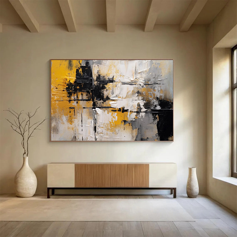 “Yellow, Black, and White Abstract Textures” - Modern Abstract Painting On Canvas PT085