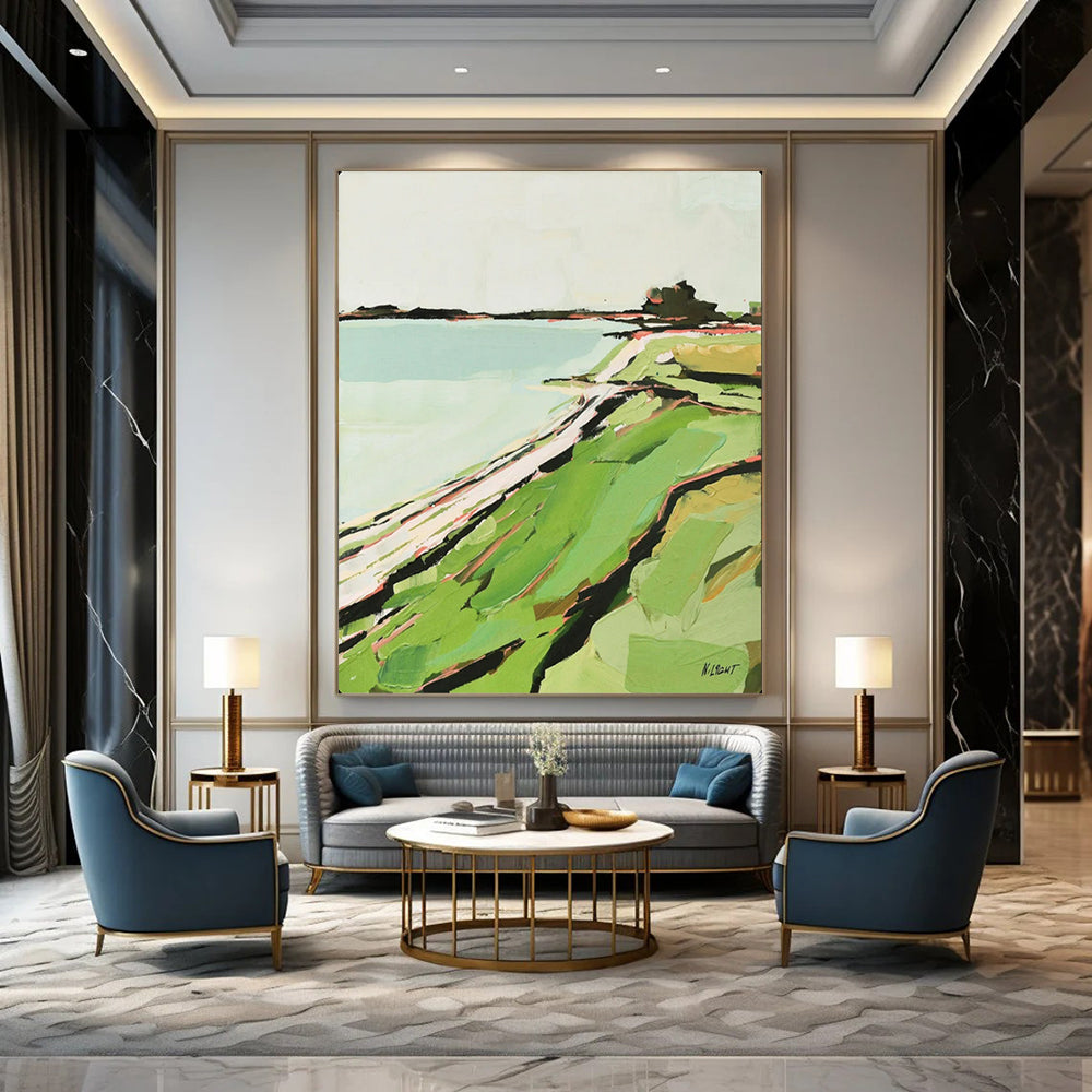 Coastal Contours Abstract Green & Blue Seaside, Painting On Canvas PT2147