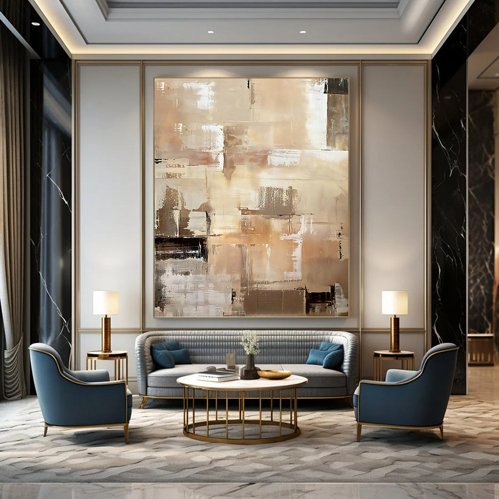 “Beige and Brown Abstract Cubist - inspired Painting” - Modern Abstract On Canvas PT0984