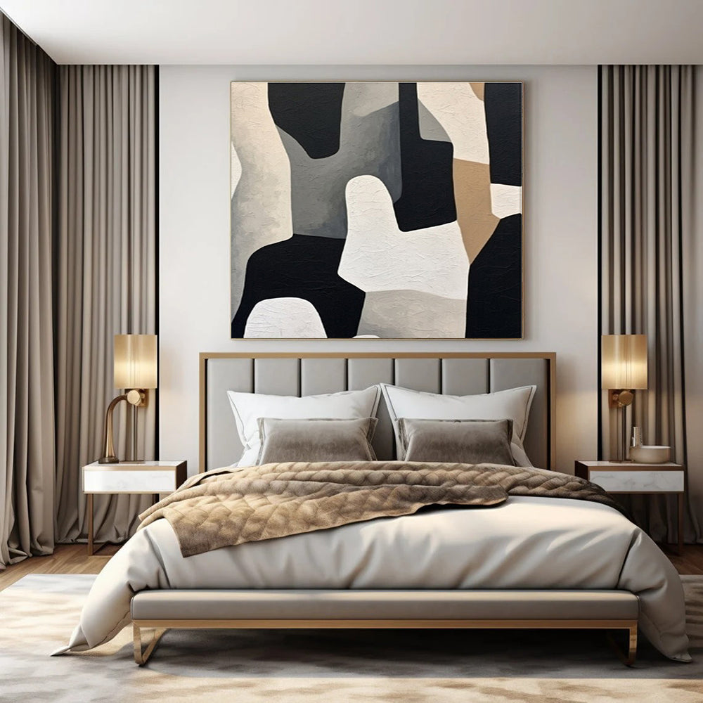 Black, White, Beige with Abstract Shapes "Monochrome Mosaic" Abstract Painting On Canvas PS1280