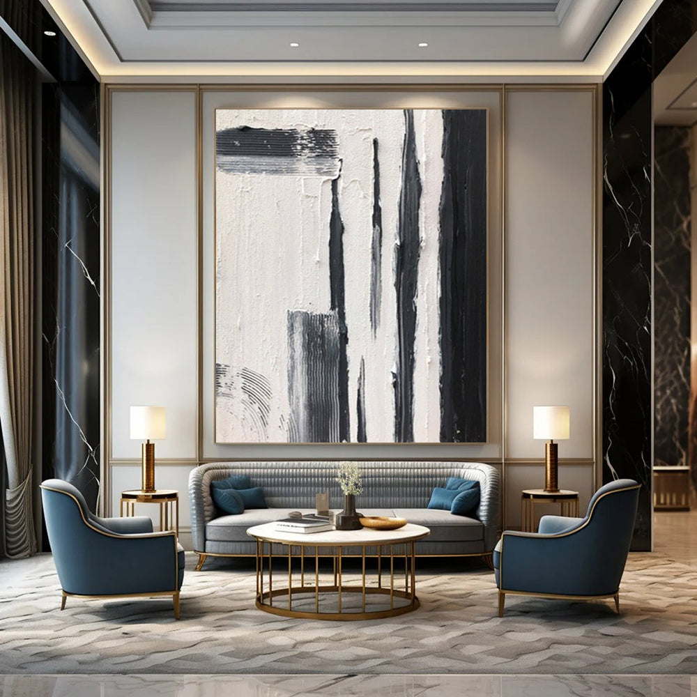 “Black and White Vertical Strokes” - Bold Minimalist Painting On Canvas DS367