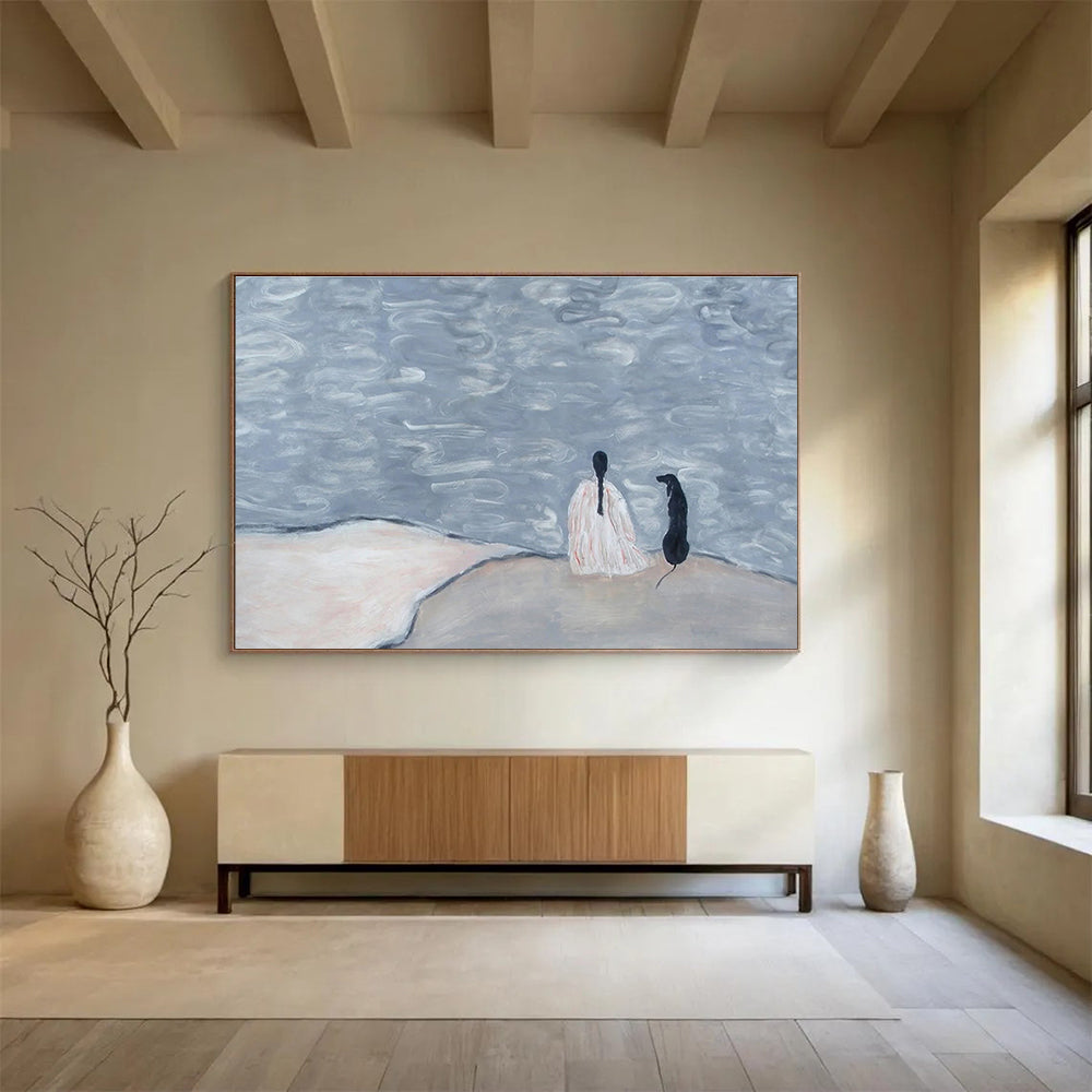 “Solitude by the Water” - Whimsical Figurative Painting On Canvas DKS423